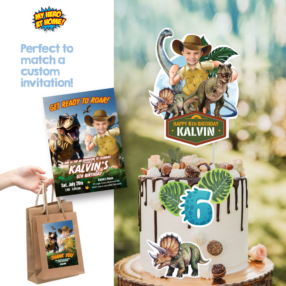 Dinosaurs Cake topper featuring your child as a Paleontologist, Explorer and T-Rex Cake decor 637CT2