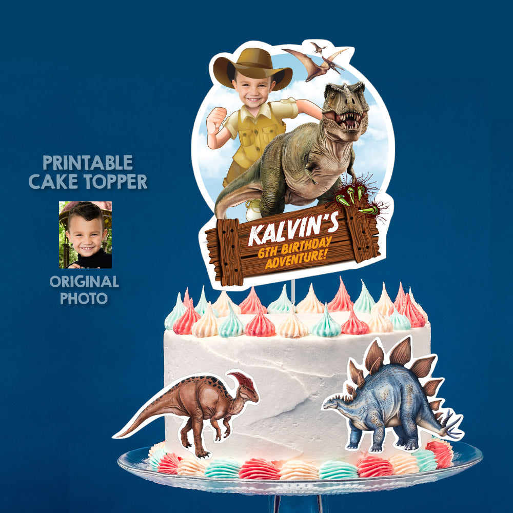 Personalized Dino-Mite T-Rex cake topper with your kid as the star of the adventure. 637CT