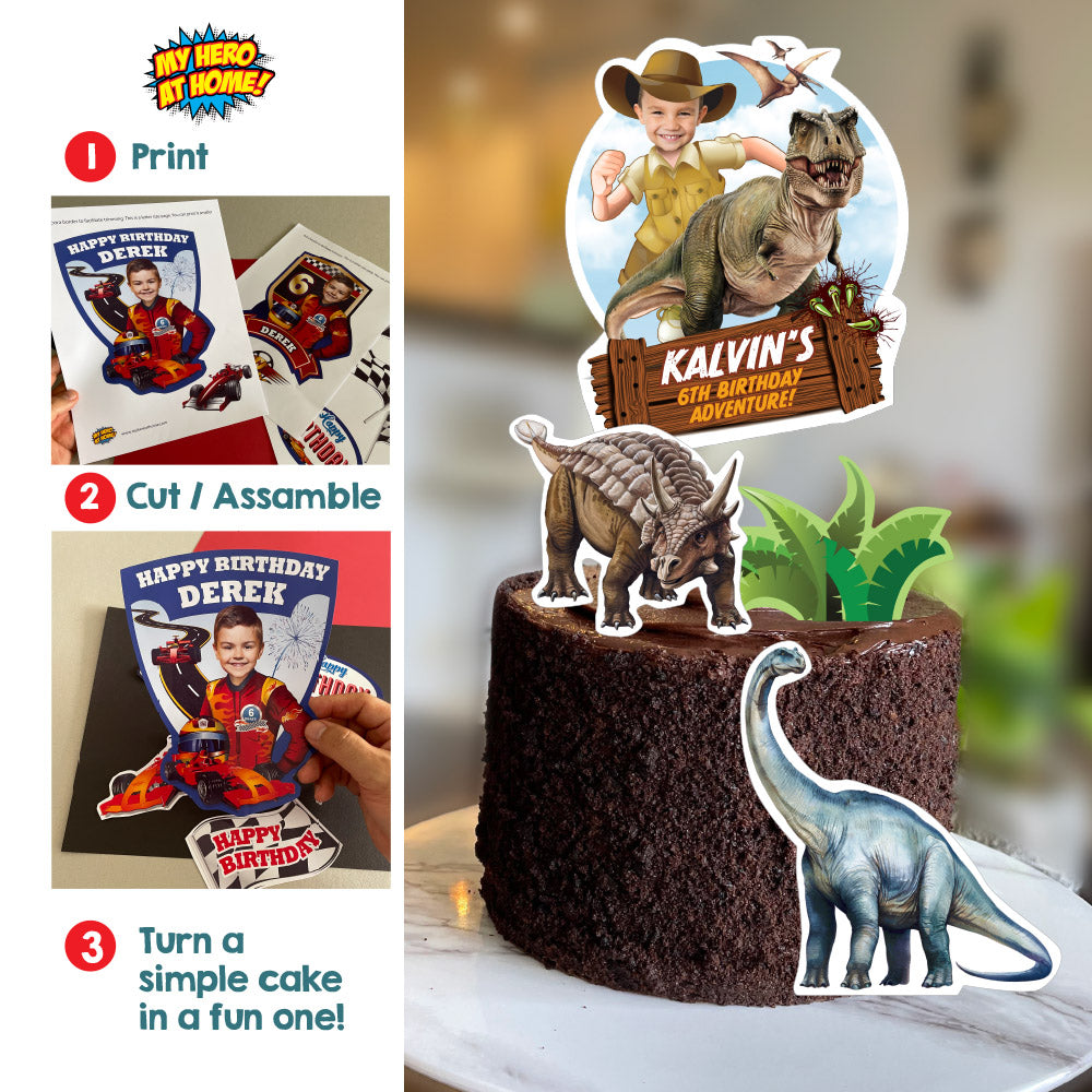 Personalized Dino-Mite T-Rex cake topper with your kid as the star of the adventure. 637CT