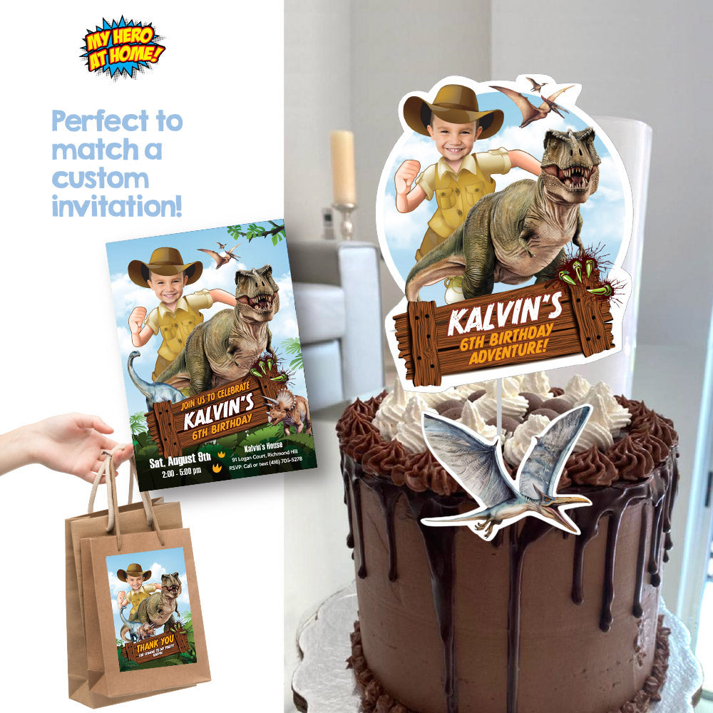 Personalized Dino-Mite T-Rex cake topper with your kid as the star of the adventure. 637CT