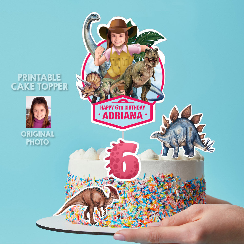 Custom Dinosaurs Cake topper with your Girl as the explorer, Girl Dino-Mite party. 637GCT2
