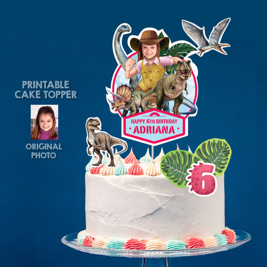 Custom Dinosaurs Cake topper with your Girl as the explorer, Girl Dino-Mite party. 637GCT2