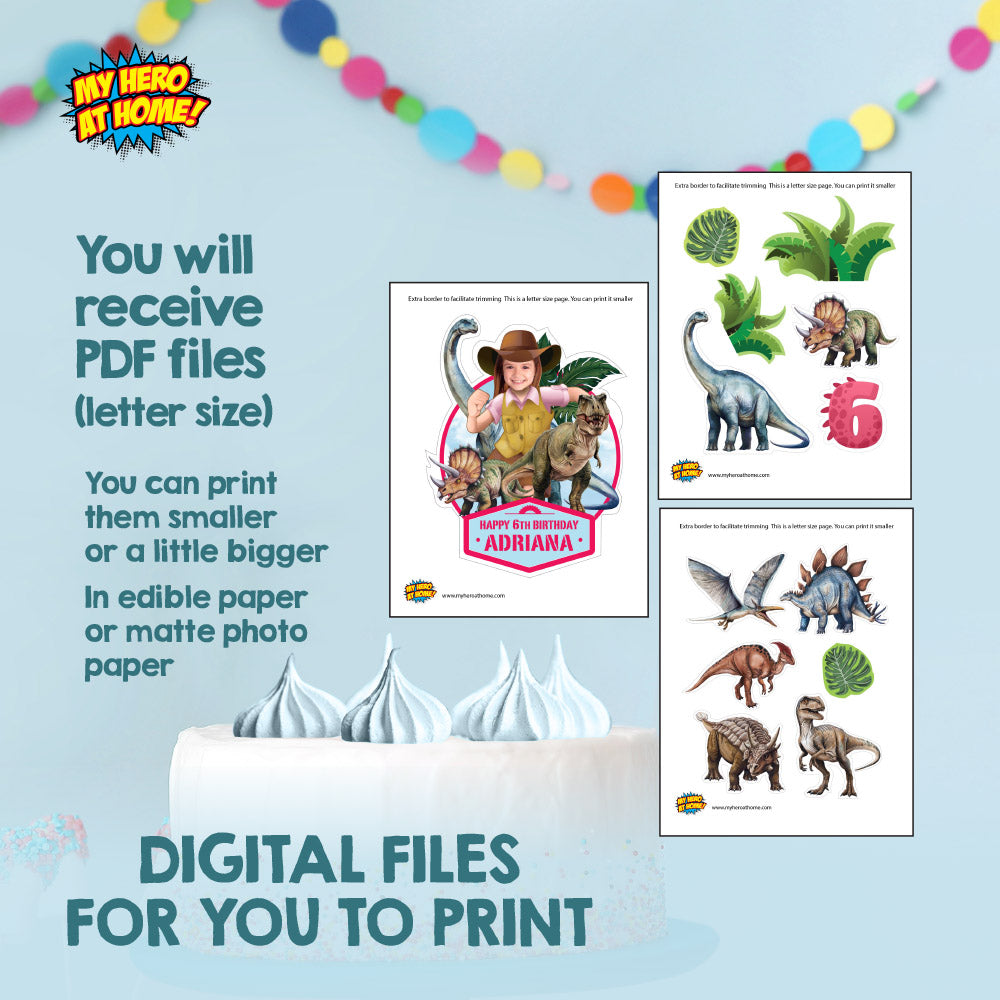 Custom Dinosaurs Cake topper with your Girl as the explorer, Girl Dino-Mite party. 637GCT2