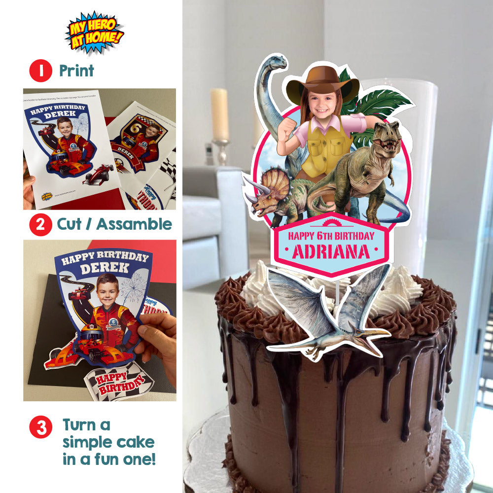 Custom Dinosaurs Cake topper with your Girl as the explorer, Girl Dino-Mite party. 637GCT2