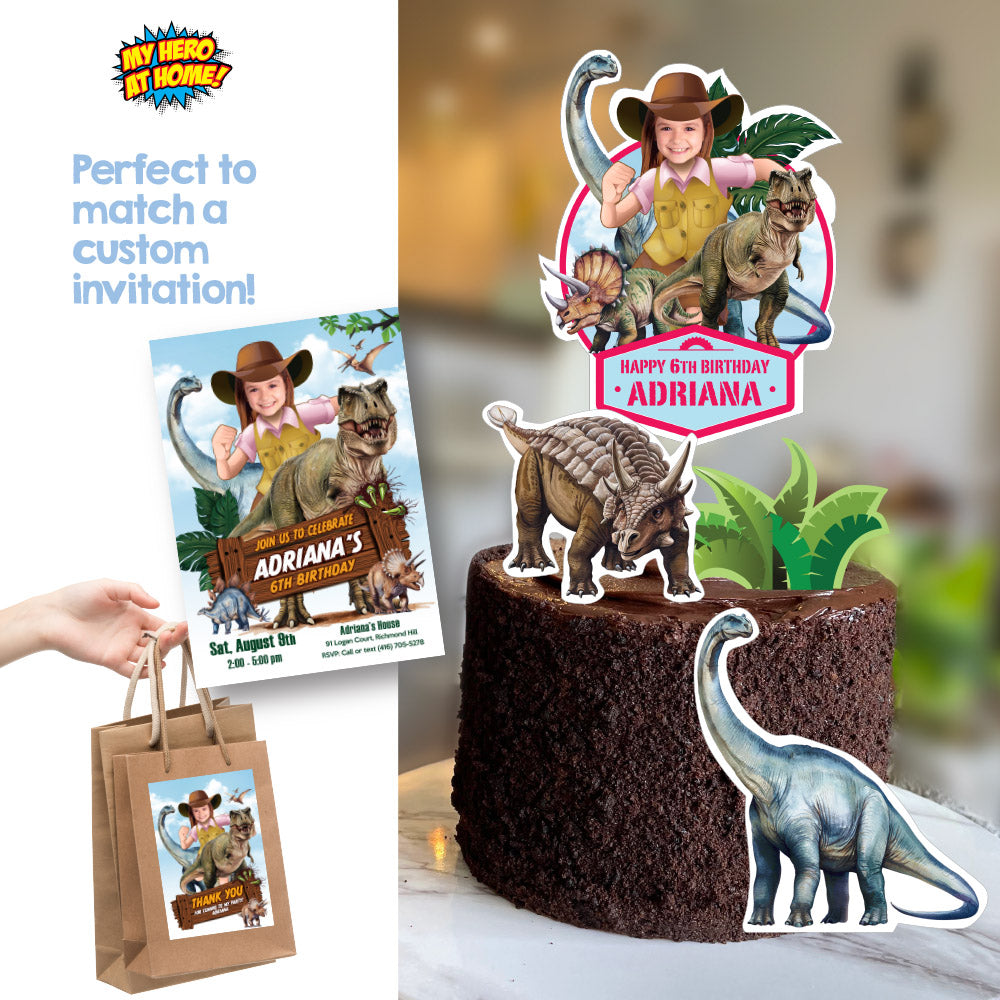 Custom Dinosaurs Cake topper with your Girl as the explorer, Girl Dino-Mite party. 637GCT2