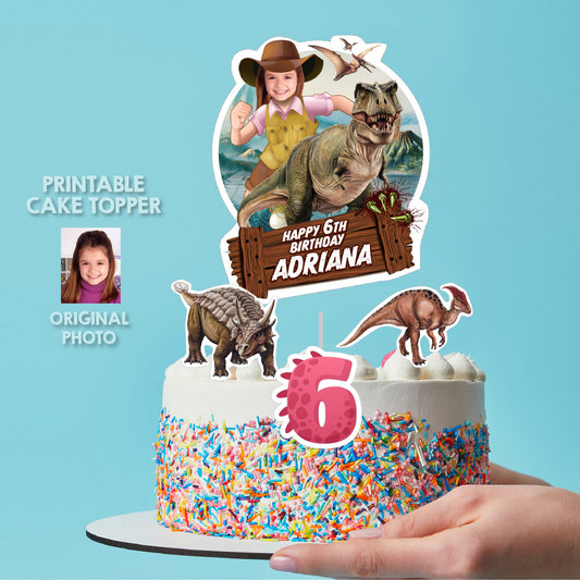 Dinosaurs Cake topper with your Girl as a Paleontologist, Pink Dino-Mite cake ideas. 637GCT