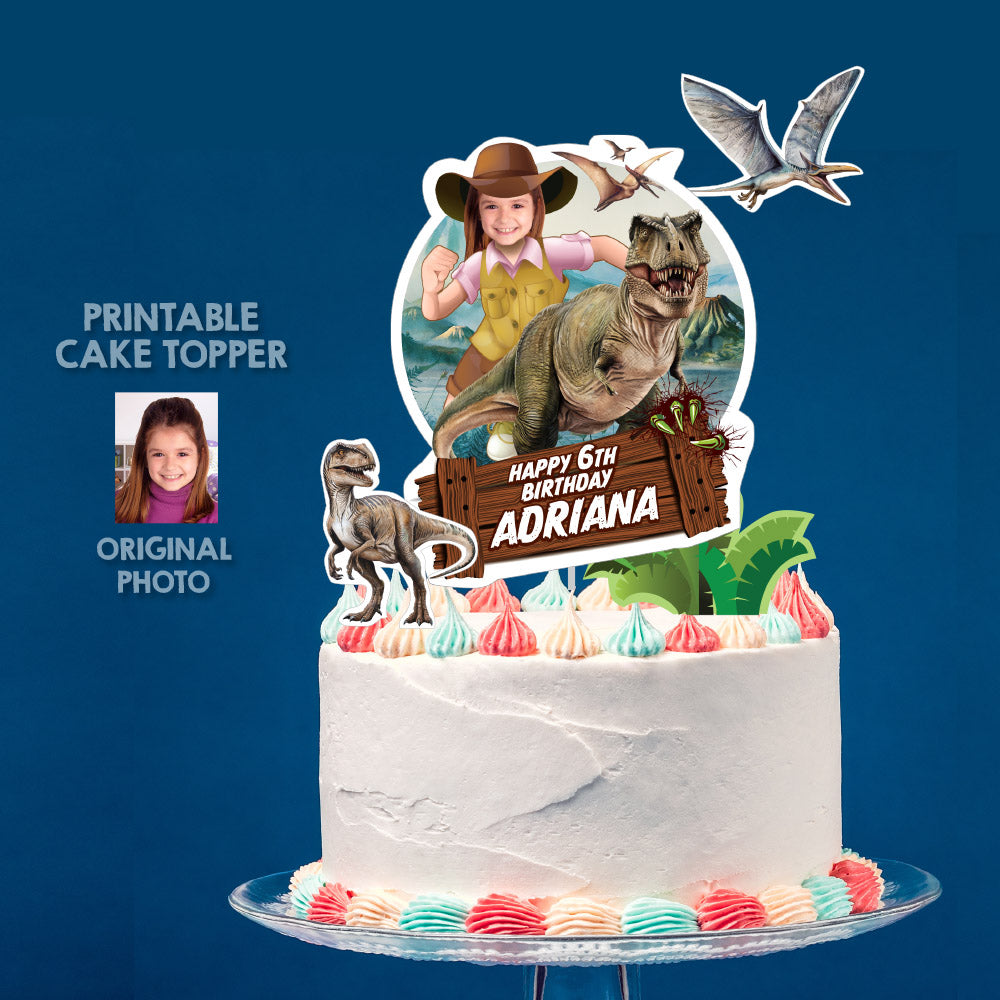Dinosaurs Cake topper with your Girl as a Paleontologist, Pink Dino-Mite cake ideas. 637GCT