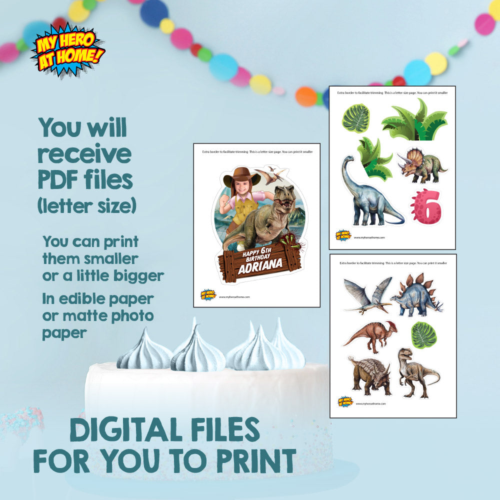 Dinosaurs Cake topper with your Girl as a Paleontologist, Pink Dino-Mite cake ideas. 637GCT