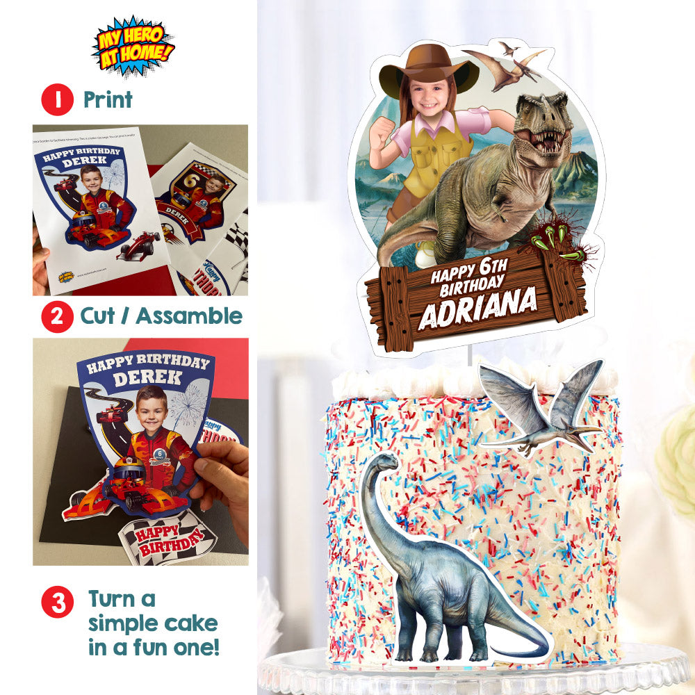 Dinosaurs Cake topper with your Girl as a Paleontologist, Pink Dino-Mite cake ideas. 637GCT