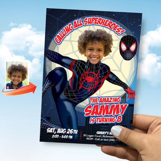 Custom Spiderverse Miles Morales Birthday Invitation Featuring Kid as the Star. 664IN