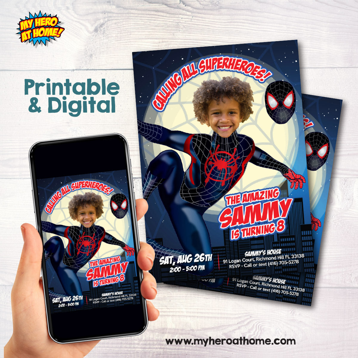 Custom Spiderverse Miles Morales Birthday Invitation Featuring Kid as the Star. 664IN