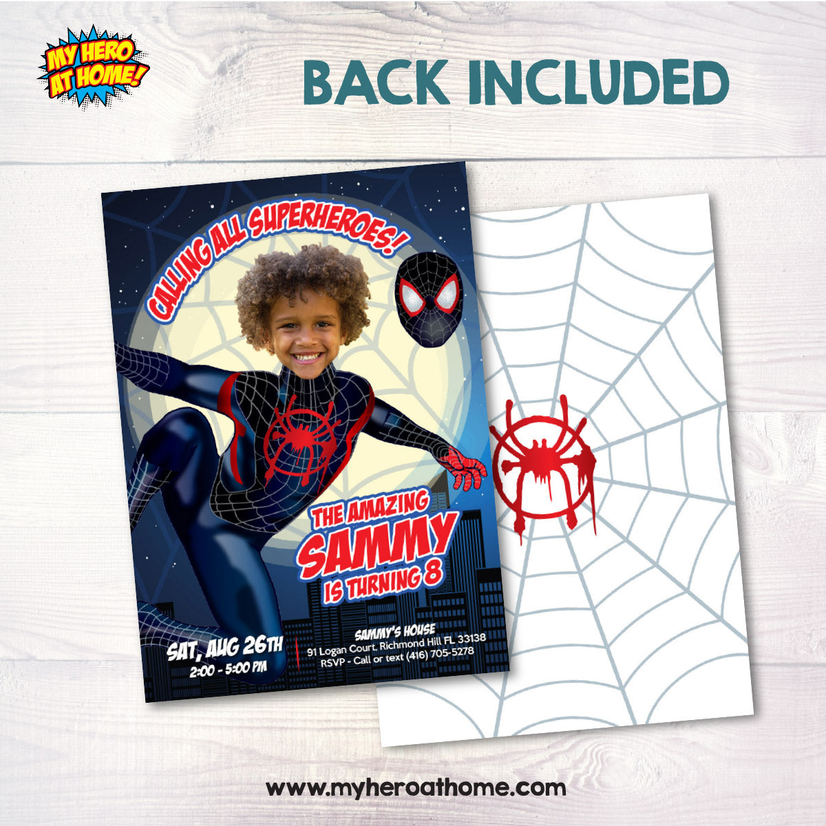 Custom Spiderverse Miles Morales Birthday Invitation Featuring Kid as the Star. 664IN