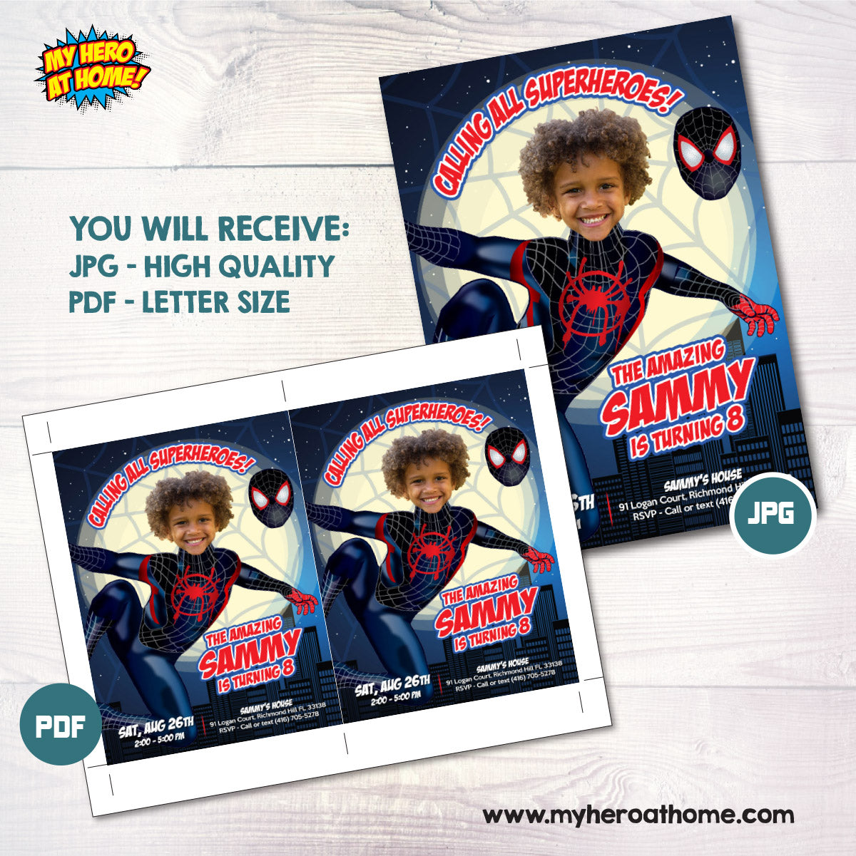 Custom Spiderverse Miles Morales Birthday Invitation Featuring Kid as the Star. 664IN
