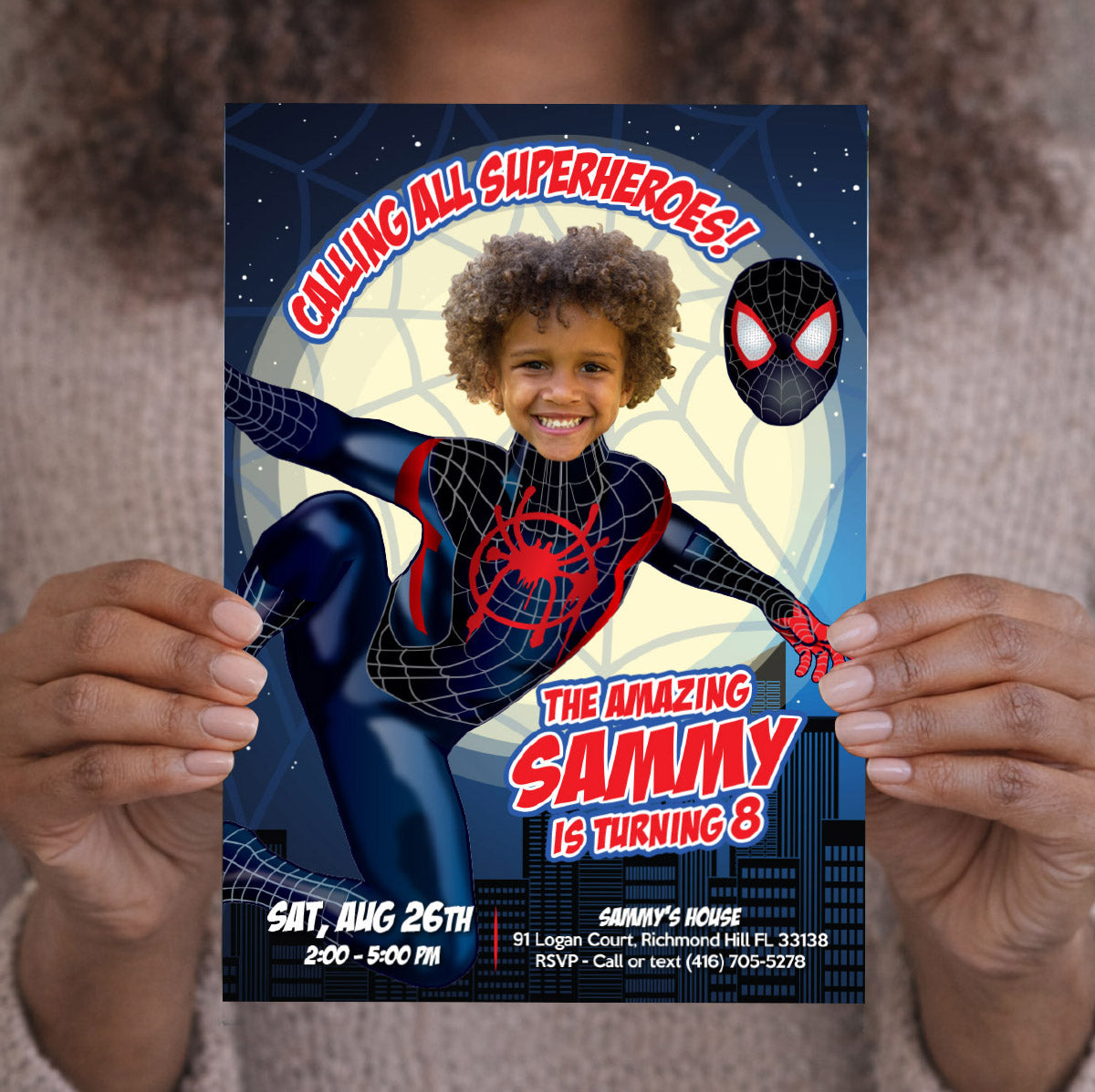 Custom Spiderverse Miles Morales Birthday Invitation Featuring Kid as the Star. 664IN