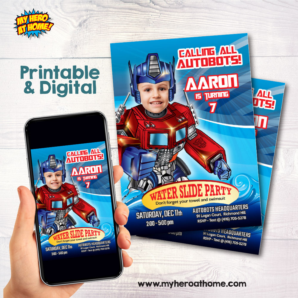 Optimus Prime Waterslide Party Invite with photo, Transformers Water games Party, Autobots waterslide. 669IN