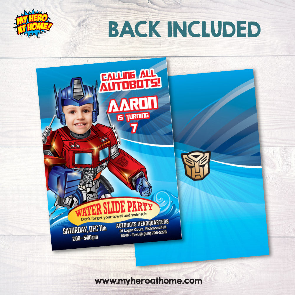 Optimus Prime Waterslide Party Invite with photo, Transformers Water games Party, Autobots waterslide. 669IN