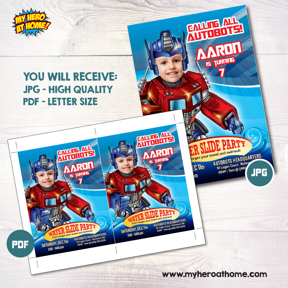 Optimus Prime Waterslide Party Invite with photo, Transformers Water games Party, Autobots waterslide. 669IN