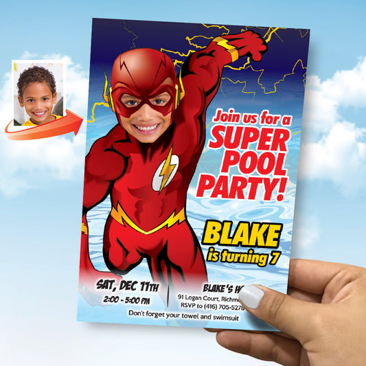 Flash Pool Party birthday Invitation personalized with kid as Flash, Flash Water party invitation. 672IN