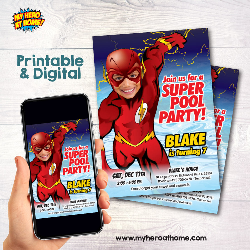 Flash Pool Party birthday Invitation personalized with kid as Flash, Flash Water party invitation. 672IN