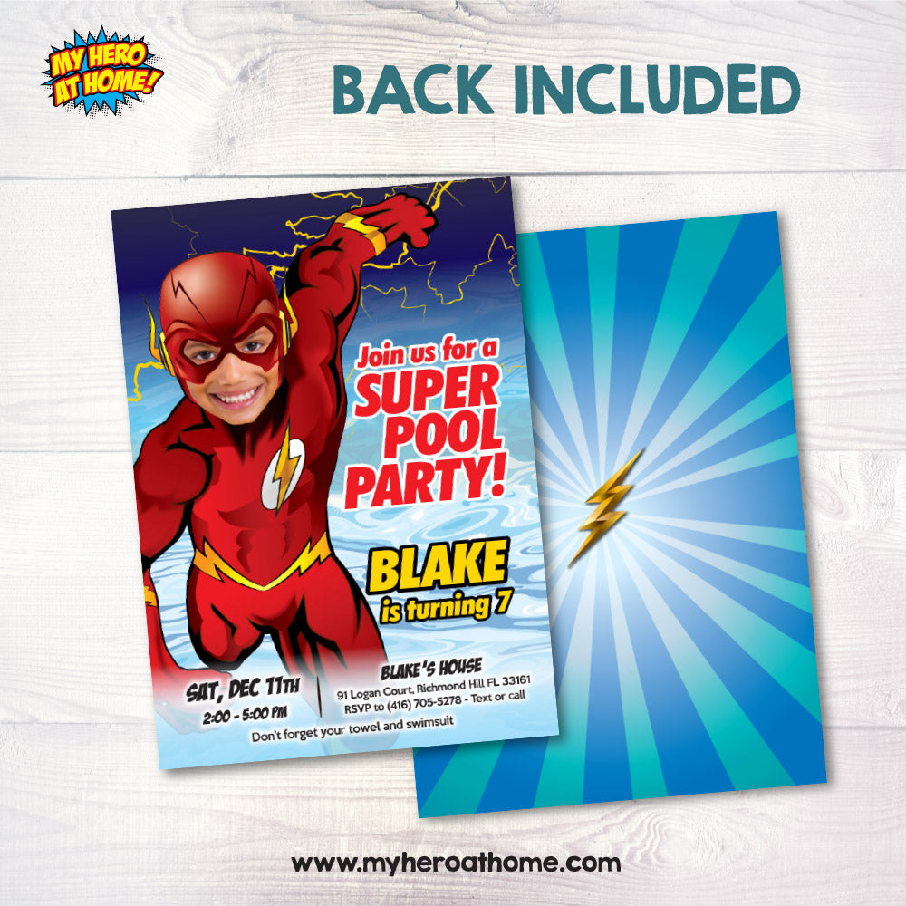Flash Pool Party birthday Invitation personalized with kid as Flash, Flash Water party invitation. 672IN
