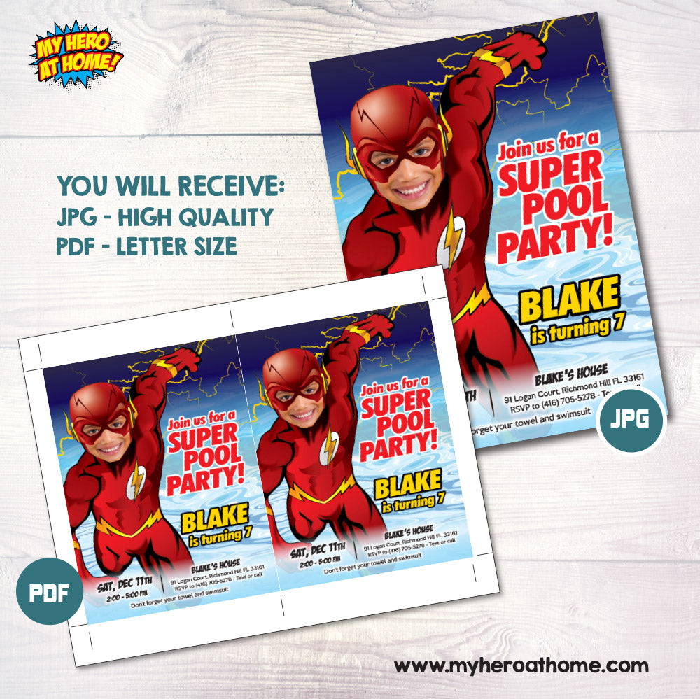 Flash Pool Party birthday Invitation personalized with kid as Flash, Flash Water party invitation. 672IN