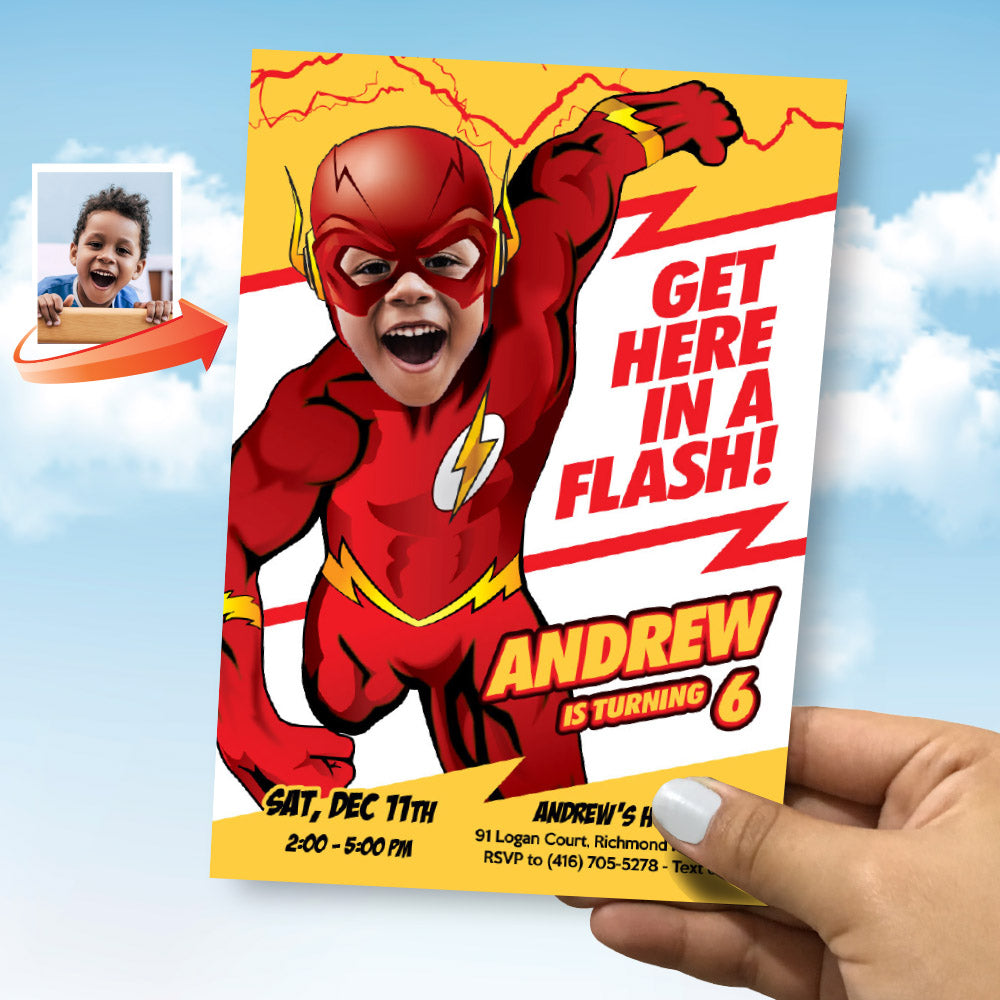 Get here in a Flash birthday party template with kid as the flash, The fastest superhero birthday invitation with photo. 673IN