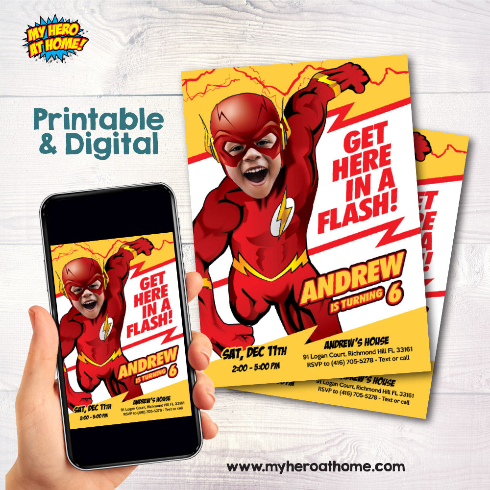Get here in a Flash birthday party template with kid as the flash, The fastest superhero birthday invitation with photo. 673IN