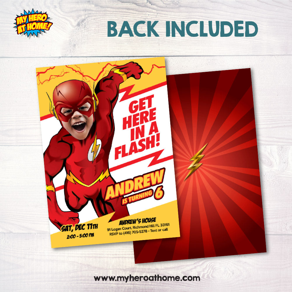 Get here in a Flash birthday party template with kid as the flash, The fastest superhero birthday invitation with photo. 673IN