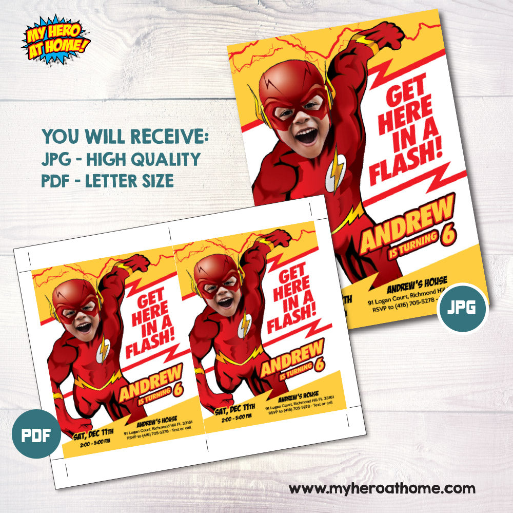 Get here in a Flash birthday party template with kid as the flash, The fastest superhero birthday invitation with photo. 673IN