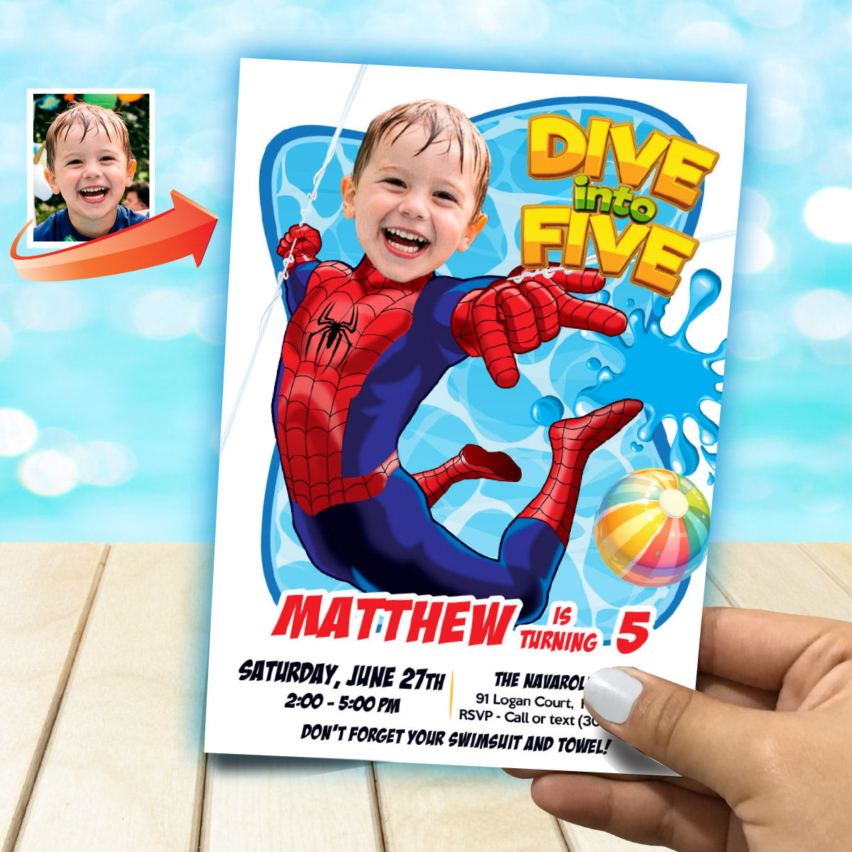 Custom Spiderman Dive into Age Pool Party Invitation with photo (Digital File) 678BIN