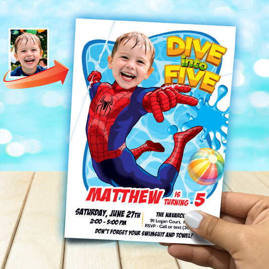 Custom Spiderman Dive into Age Pool Party Invitation with photo (Digital File) 678BIN