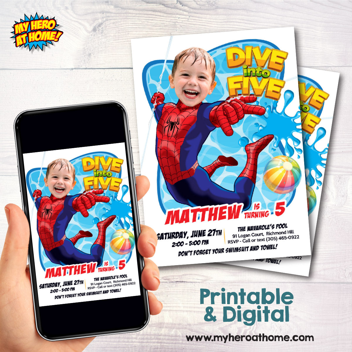 Custom Spiderman Dive into Age Pool Party Invitation with photo (Digital File) 678BIN