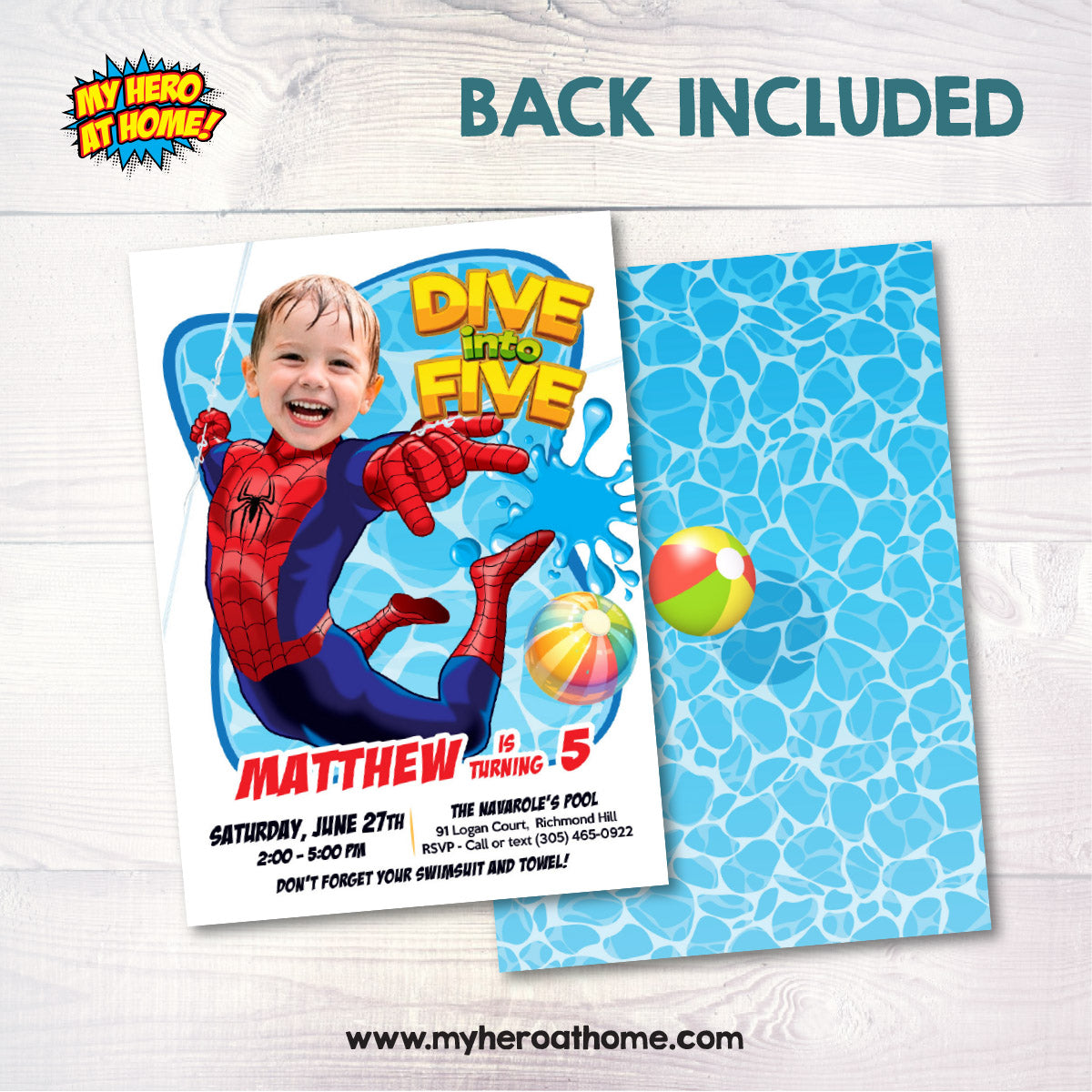 Custom Spiderman Dive into Age Pool Party Invitation with photo (Digital File) 678BIN