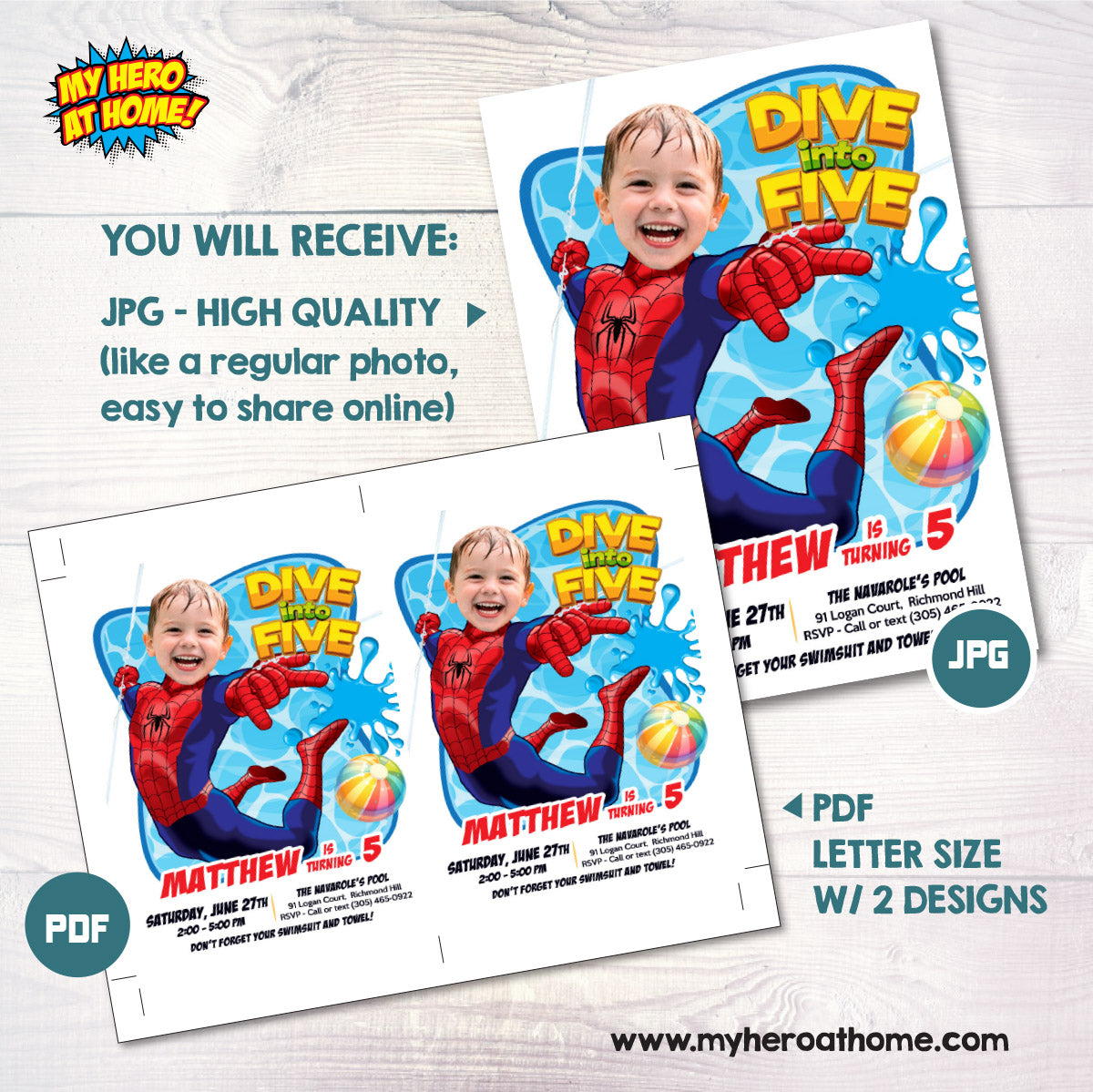 Custom Spiderman Dive into Age Pool Party Invitation with photo (Digital File) 678BIN