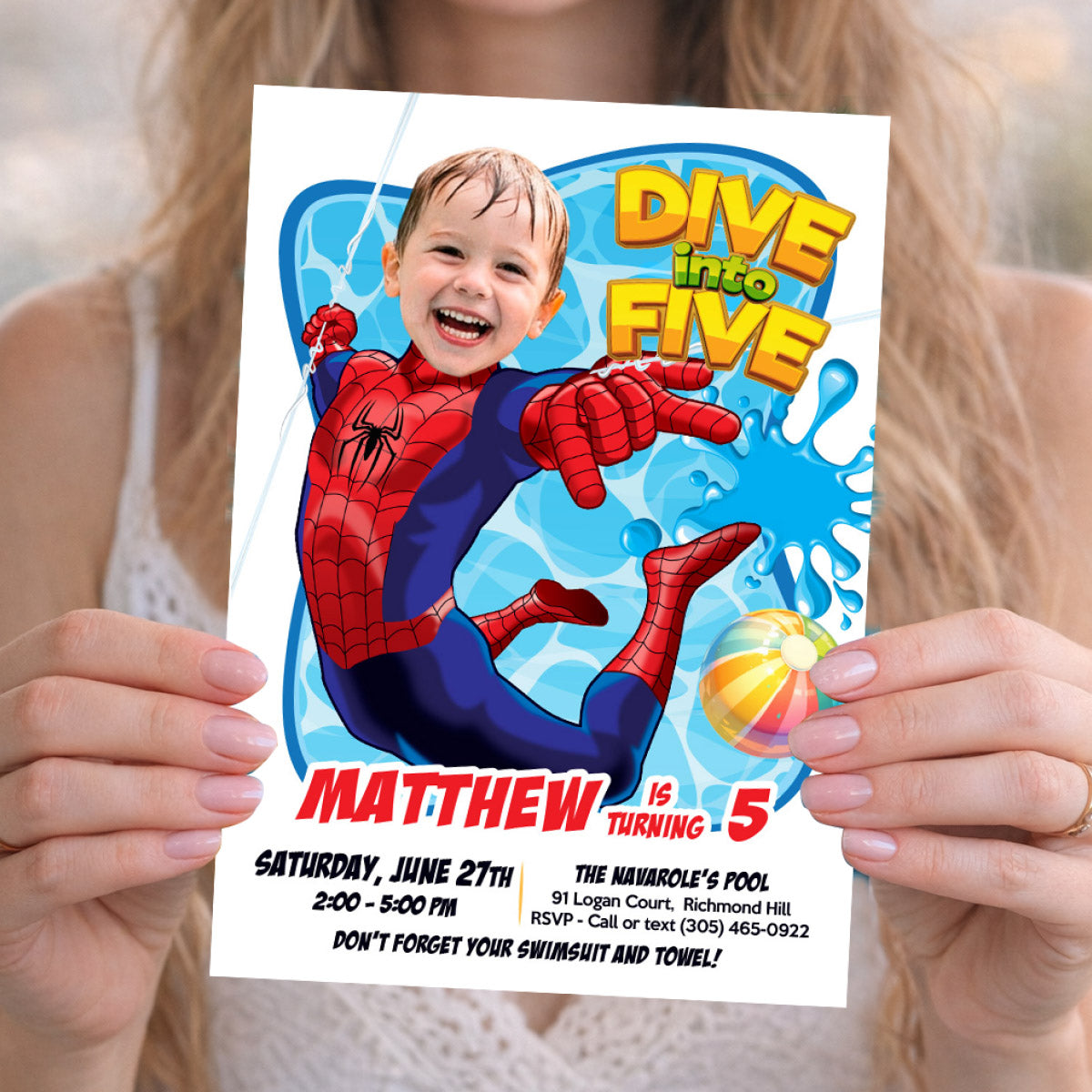 Custom Spiderman Dive into Age Pool Party Invitation with photo (Digital File) 678BIN