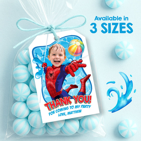 Spider-Man Pool Party Thank You Favor Tags with birthday child as the star. 678BTY