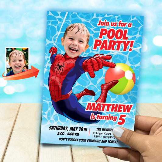 Personalized Spider-Man Pool Party Invitation featuring kid as the star (Digital, Printable) 678IN