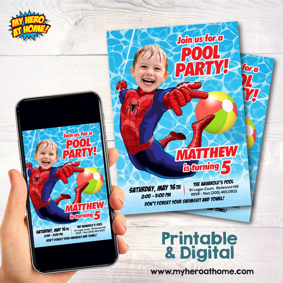 Personalized Spider-Man Pool Party Invitation featuring kid as the star (Digital, Printable) 678IN