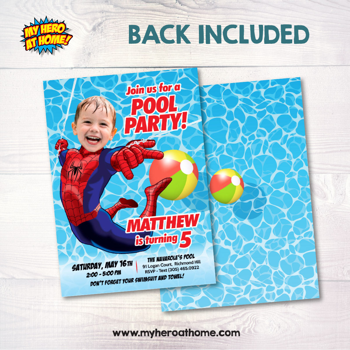 Personalized Spider-Man Pool Party Invitation featuring kid as the star (Digital, Printable) 678IN