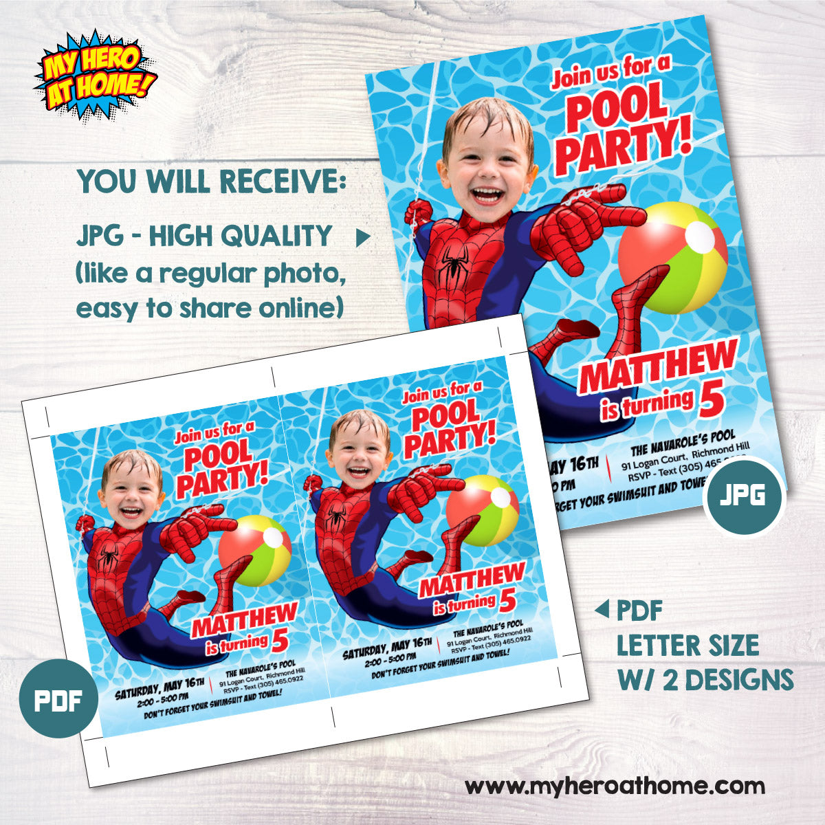 Personalized Spider-Man Pool Party Invitation featuring kid as the star (Digital, Printable) 678IN