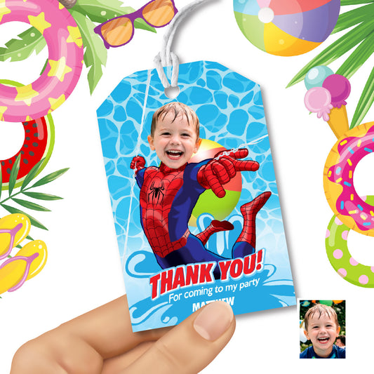 Custom Spiderman Pool Party Thank You and Favor Tags with birthday kid as the star. 678TY