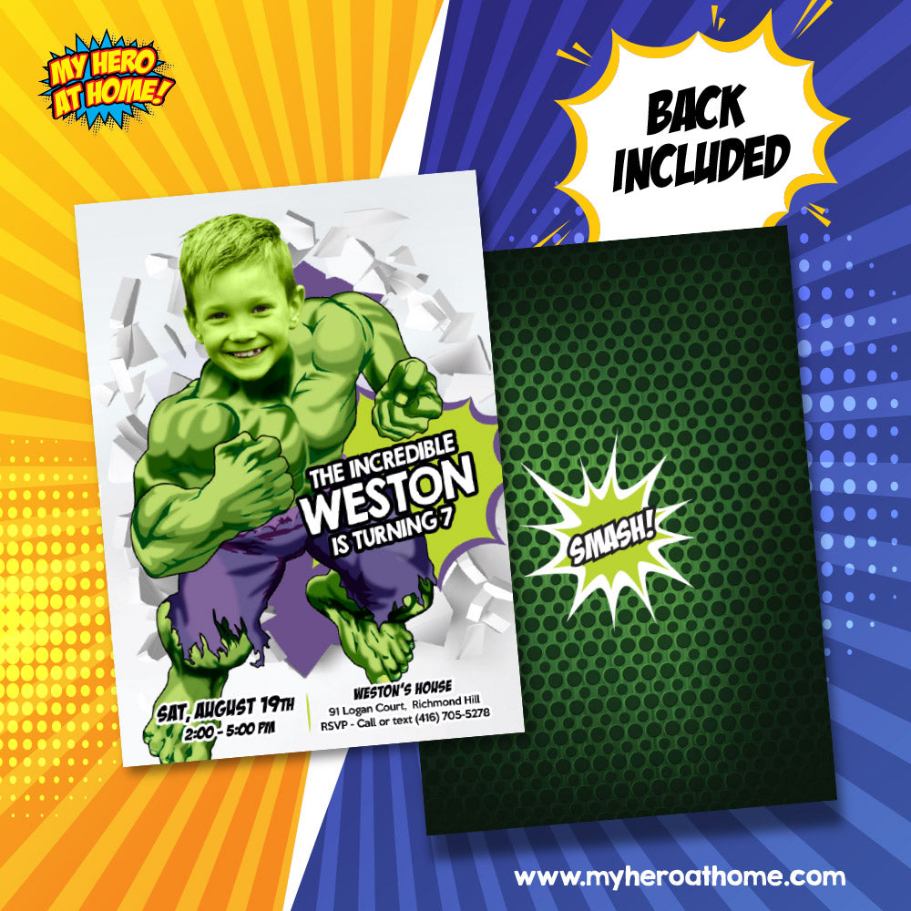Hulk Invitation template, Hulk Invitation with photo, Custom Hulk Invite, Hulk party invitation, Hulk template Invitation. 683