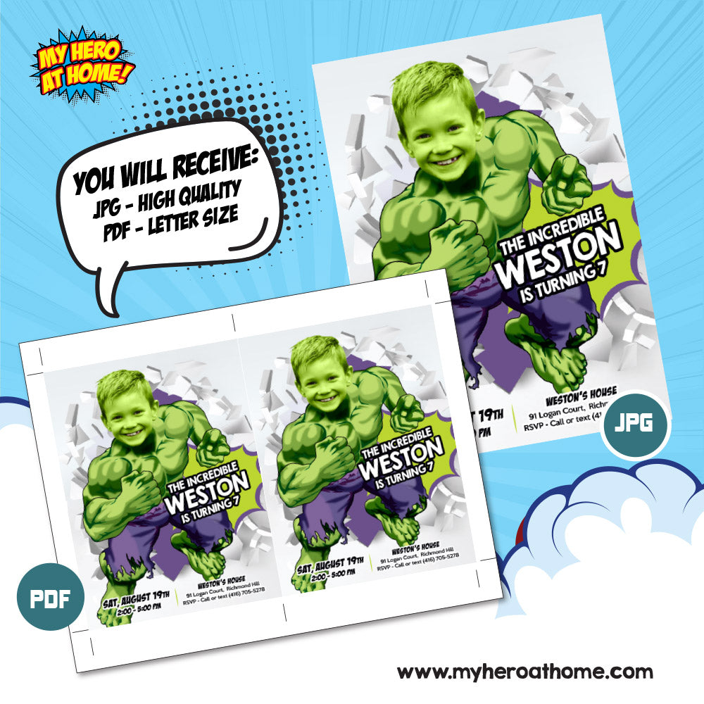 Hulk Invitation template, Hulk Invitation with photo, Custom Hulk Invite, Hulk party invitation, Hulk template Invitation. 683