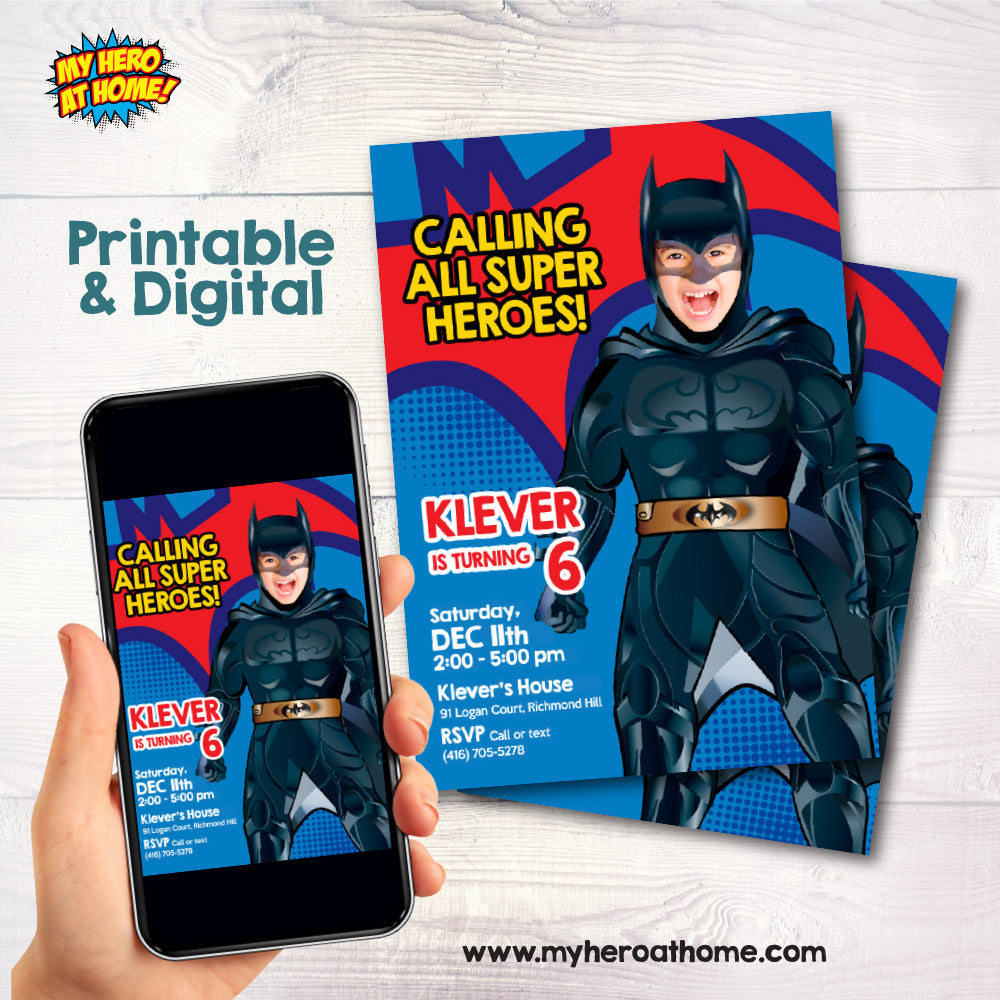 Batman Photo Invitation template, Batman template invite with your own Batman, Batman paperless invite. 690IN