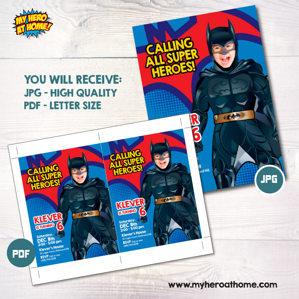 Batman Photo Invitation template, Batman template invite with your own Batman, Batman paperless invite. 690IN