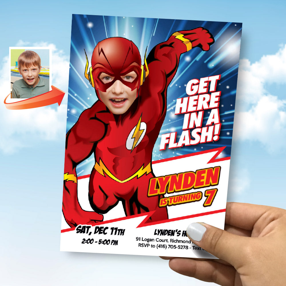 New Flash party Invitation with photo, Get here in a Flash birthday invitation, Flash multiverse party template. 692IN