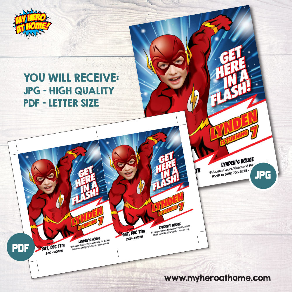 New Flash party Invitation with photo, Get here in a Flash birthday invitation, Flash multiverse party template. 692IN