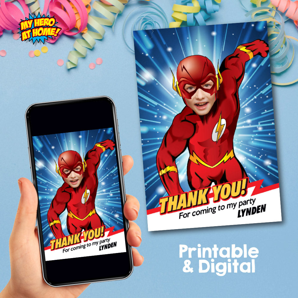 Get here in a Flash birthday thank you card, Flash Multiverse thank you, Superheroes multiverse favor tag. 692TY