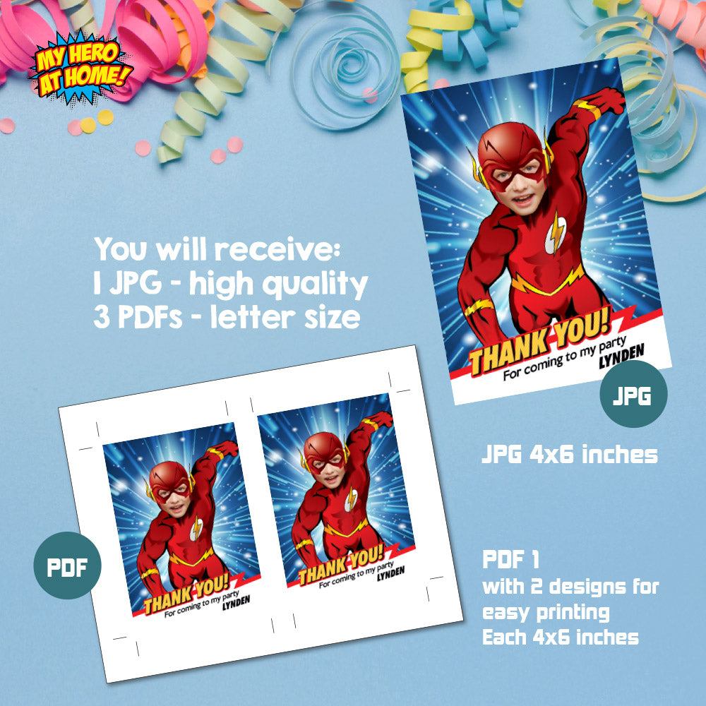 Get here in a Flash birthday thank you card, Flash Multiverse thank you, Superheroes multiverse favor tag. 692TY