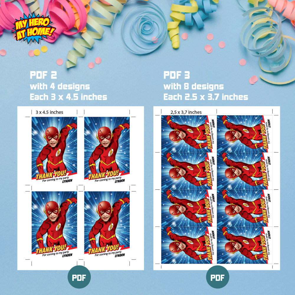 Get here in a Flash birthday thank you card, Flash Multiverse thank you, Superheroes multiverse favor tag. 692TY